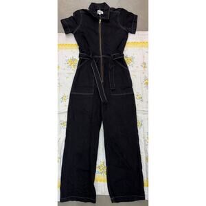 Reformation Jeans Black Utility Jumpsuit Short Sleeve Zip Front Belted Sz 6